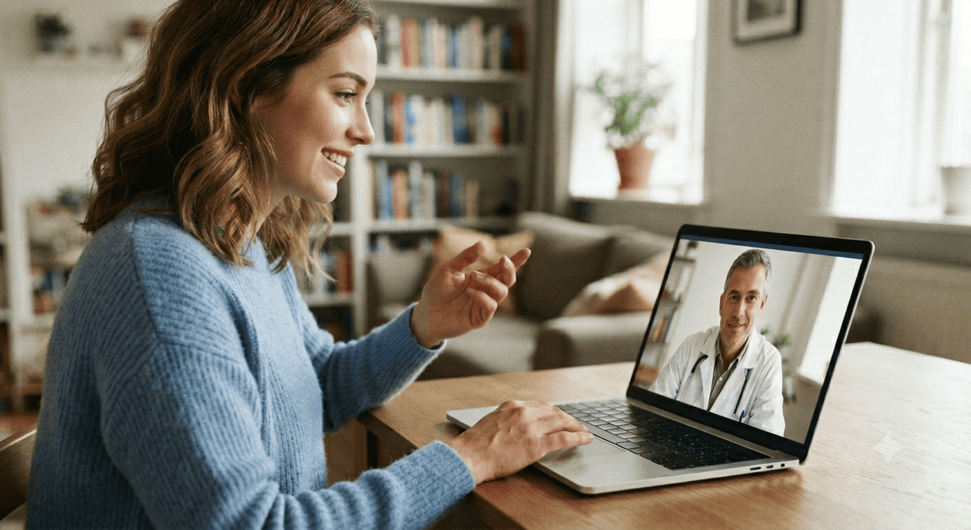 A woman on a telehealth video visit with a doctor