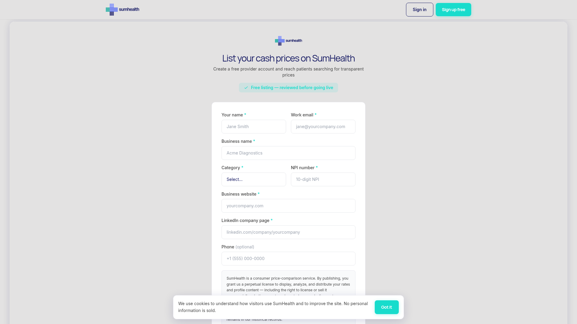 SumHealth Search provider listing page with fields for practice information and a free-listing message