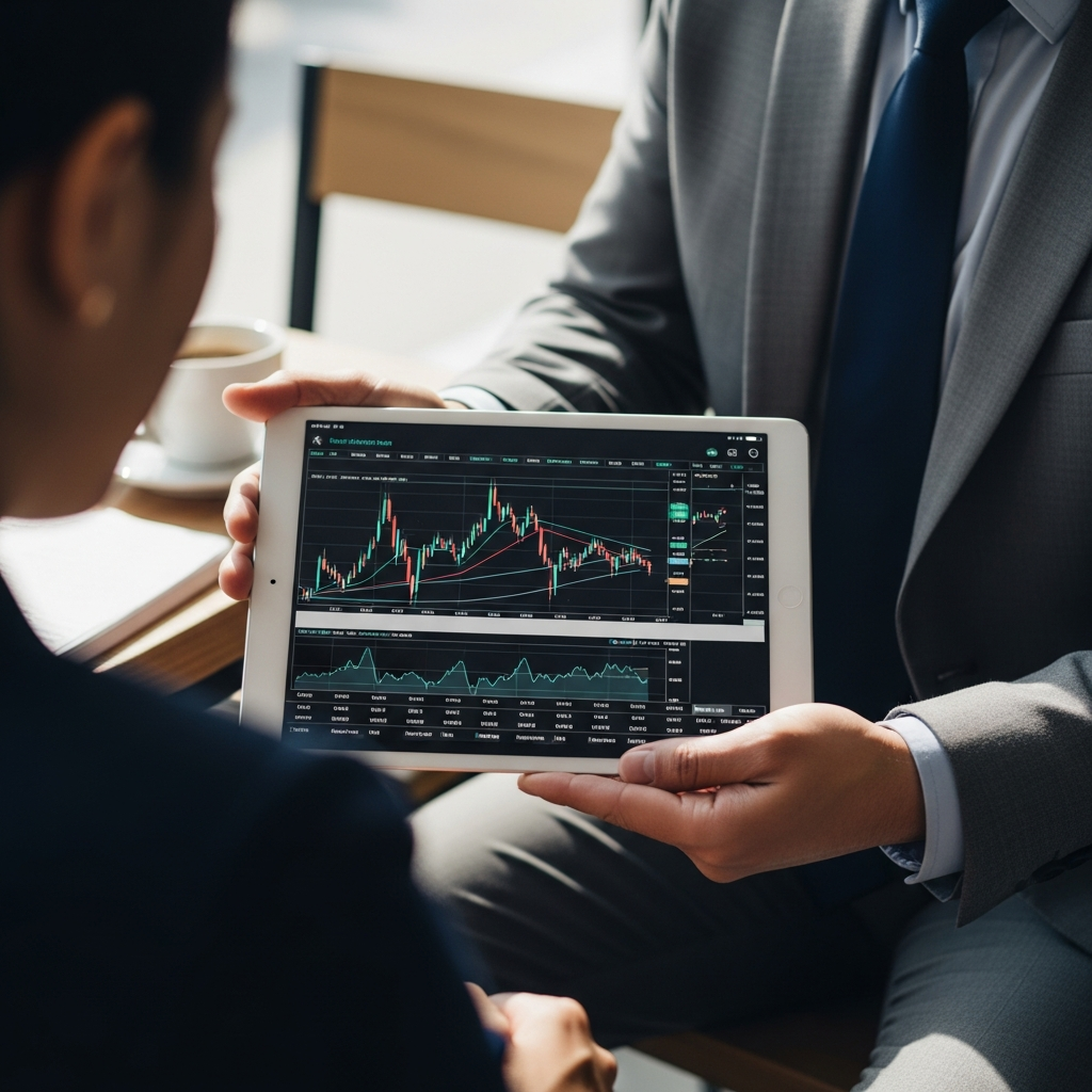 A broker showing a healthcare pricing chart on a tablet to a client