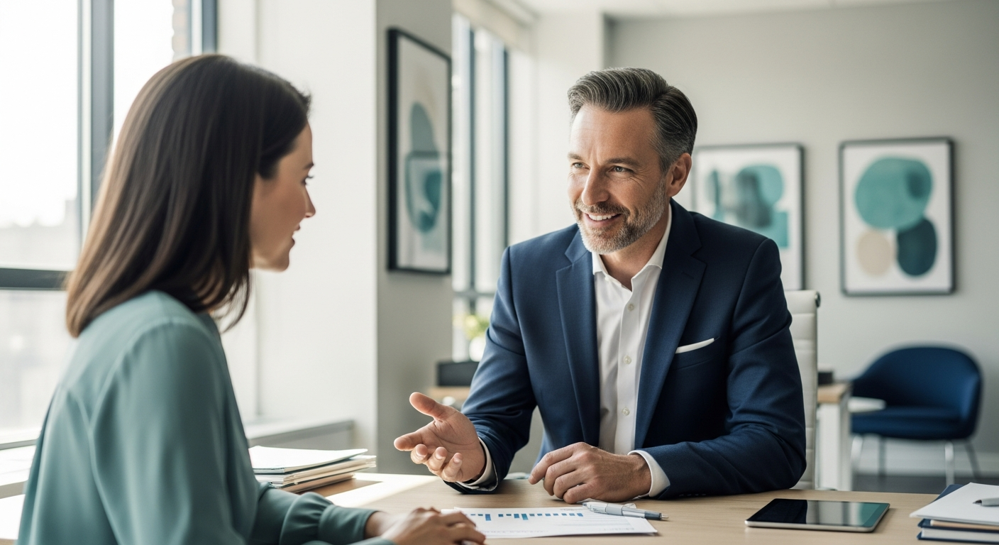 An insurance broker advising a client across a desk in a bright modern office