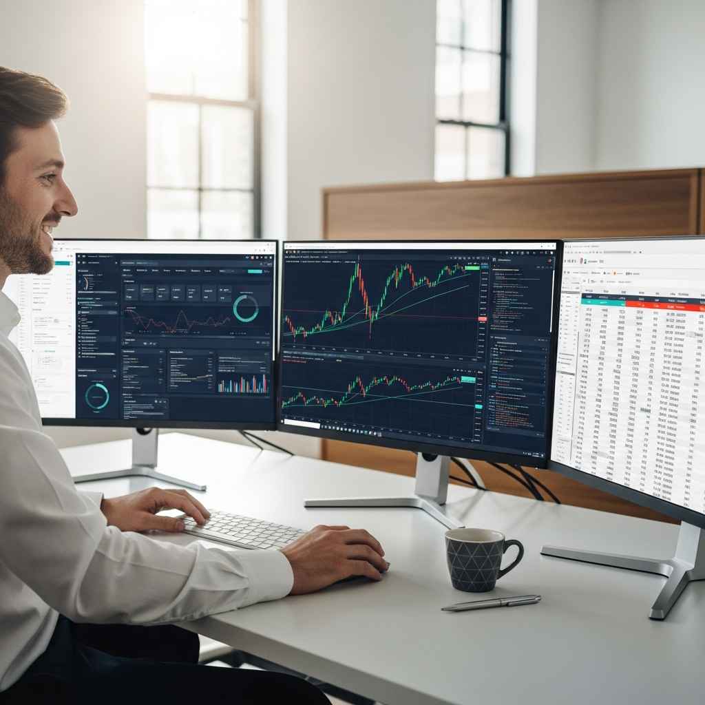 An analyst working across multiple monitors showing healthcare charts and data