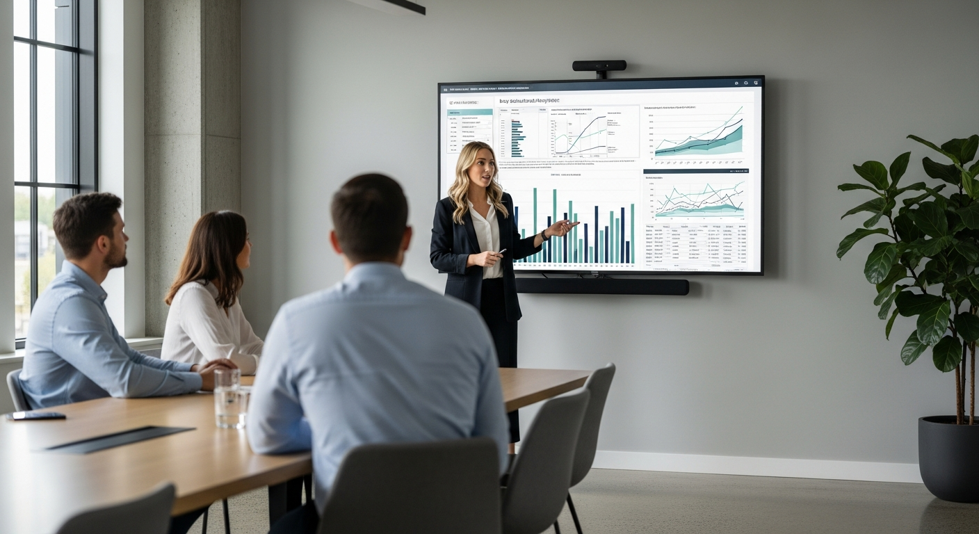 A healthcare consultant presenting data analysis to clients in a modern meeting room