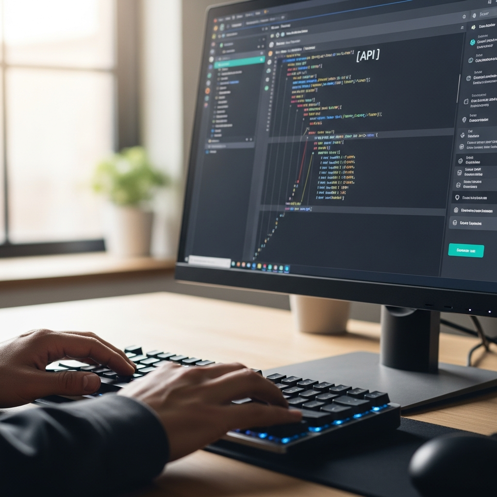 Close-up of a developer at a keyboard with clean code and an API on the monitor