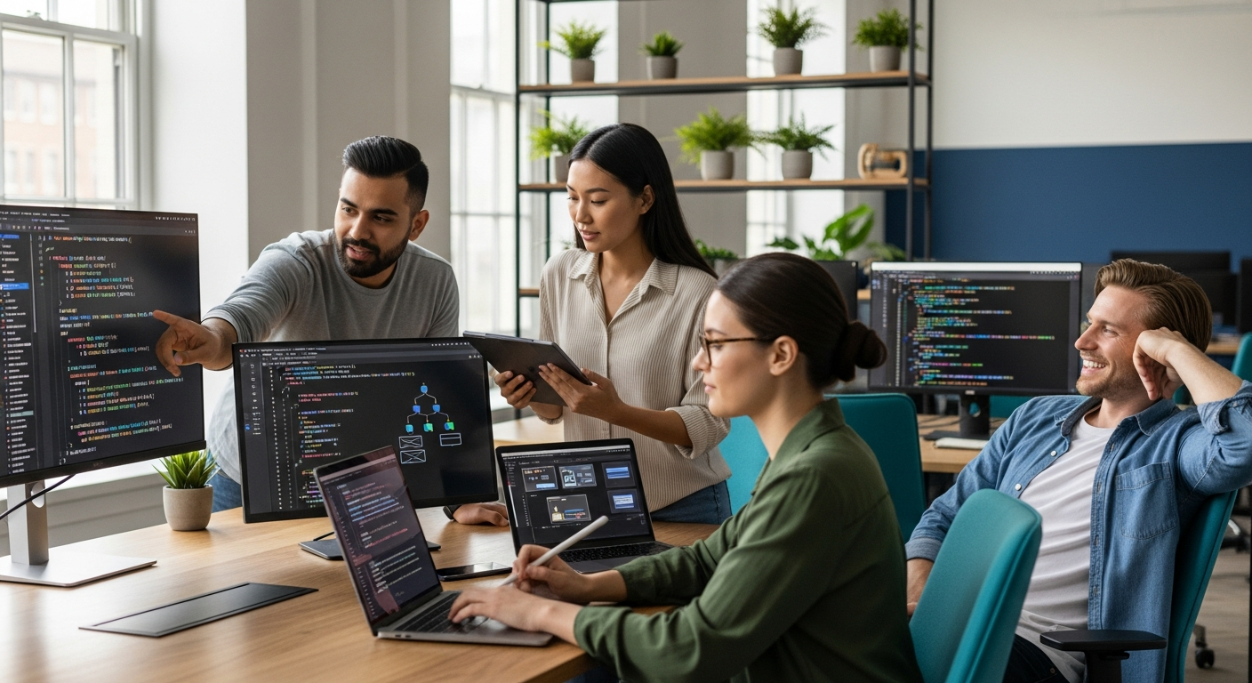 Software developers collaborating at a modern tech office with code on their screens