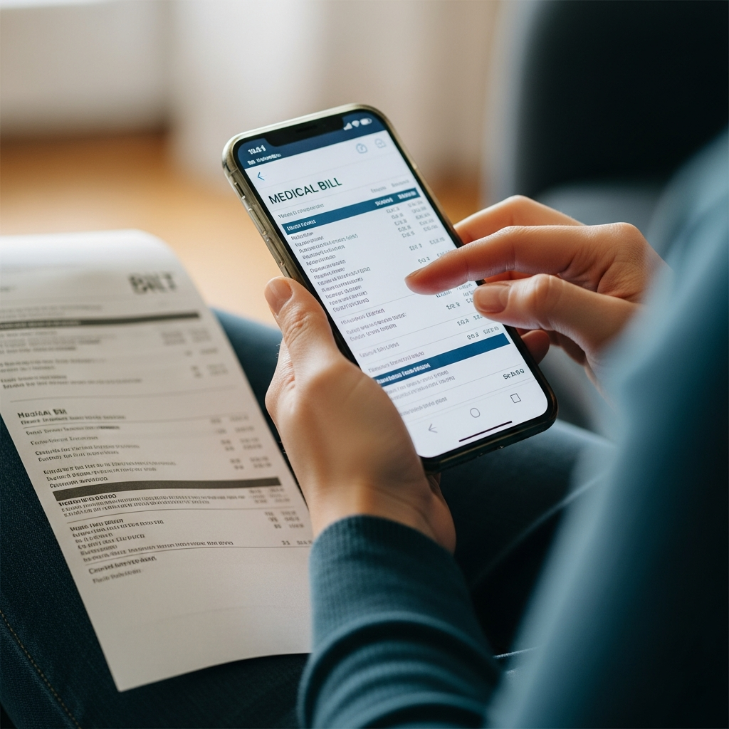 A person reviewing a medical bill on their smartphone at home