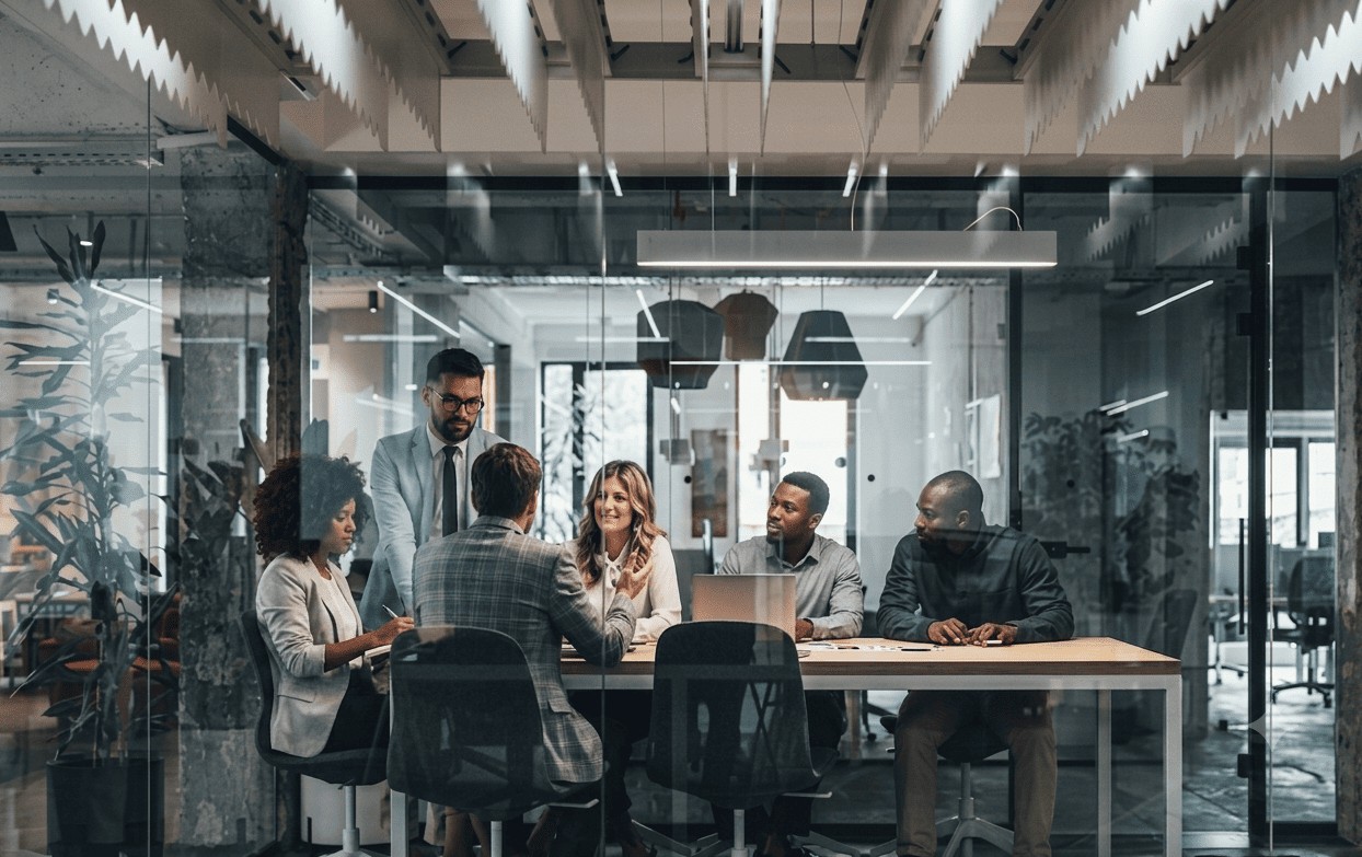 A team of health plan professionals meeting around a conference table in a modern glass-walled office