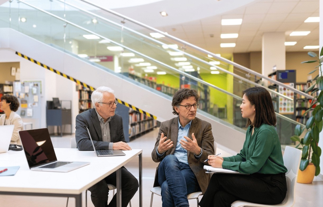Three academics having a discussion at a table in a modern university library
