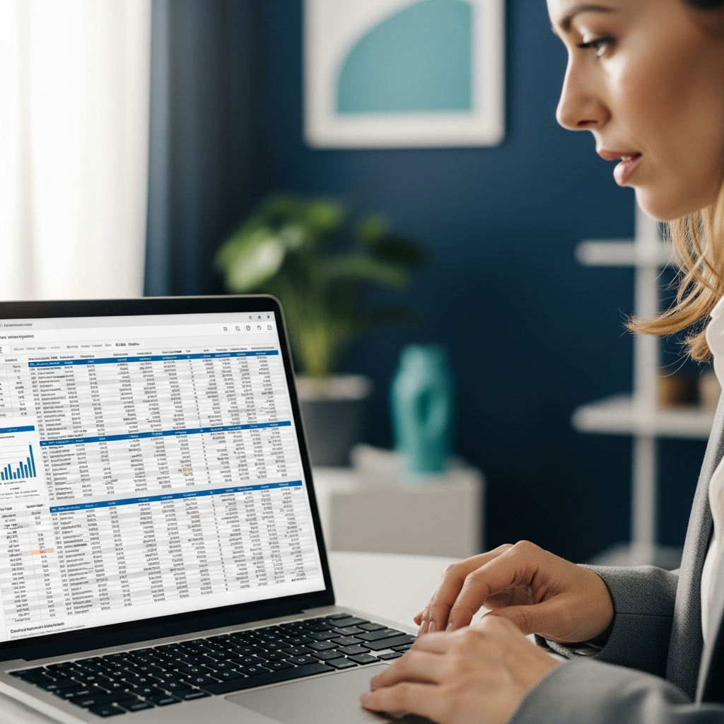 A benefits manager reviewing healthcare cost data on a laptop
