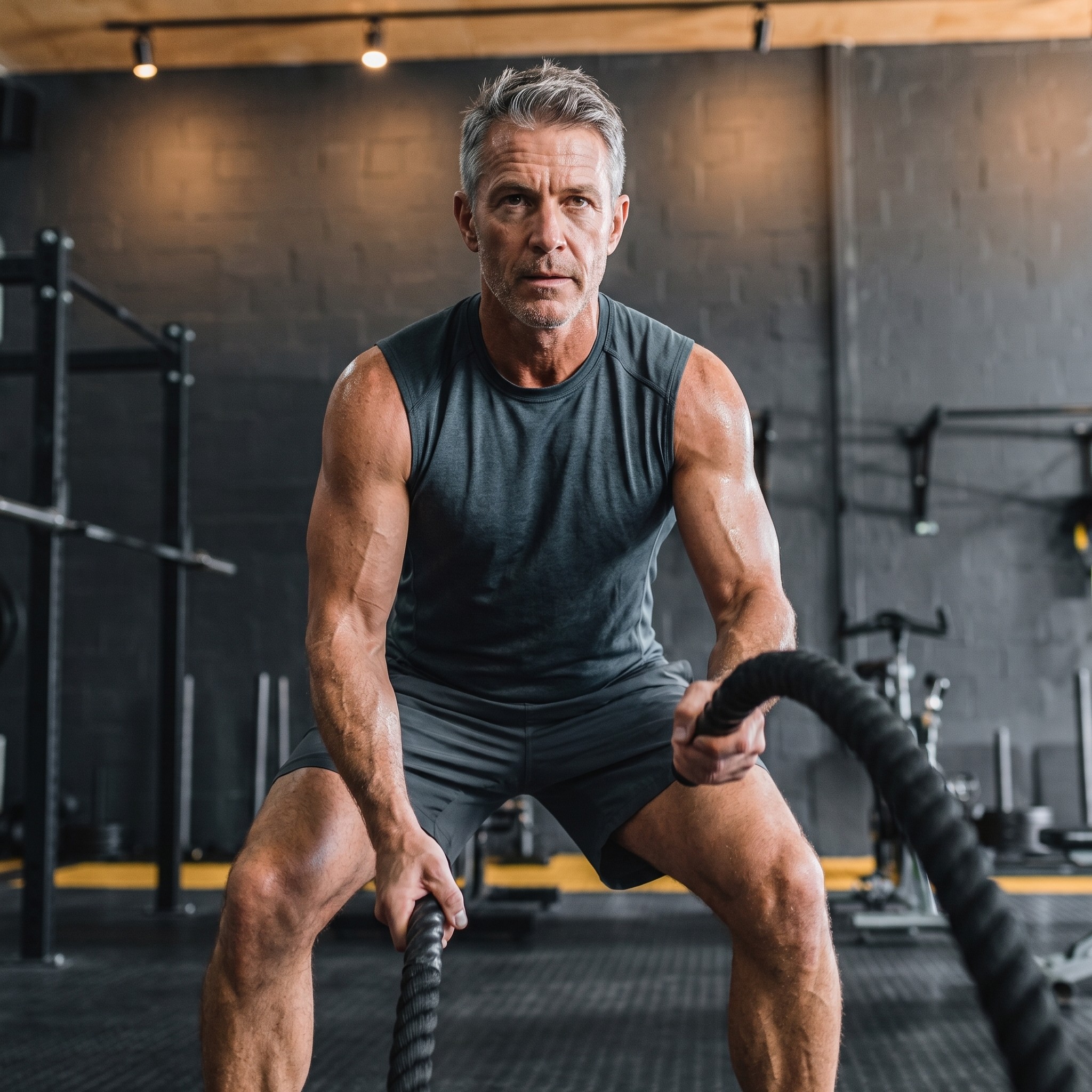 Man training with battle ropes in a gym