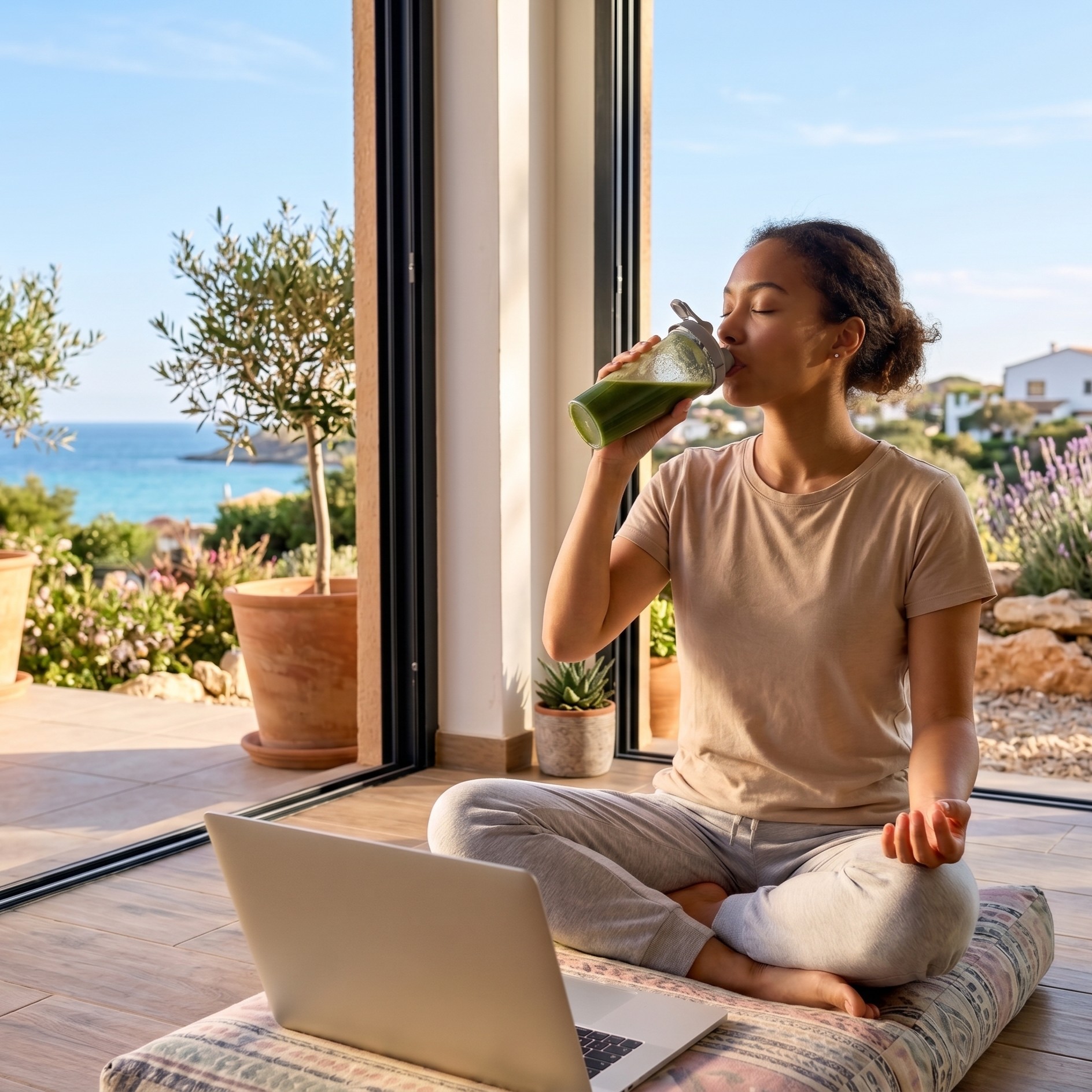 Woman enjoying a calm morning wellness routine