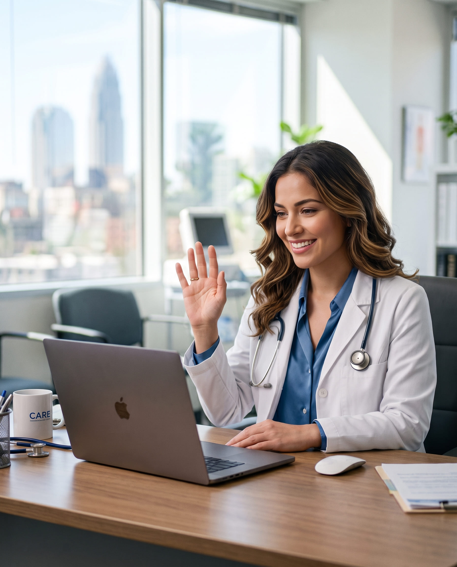 Doctor greeting a patient during a telehealth consultation