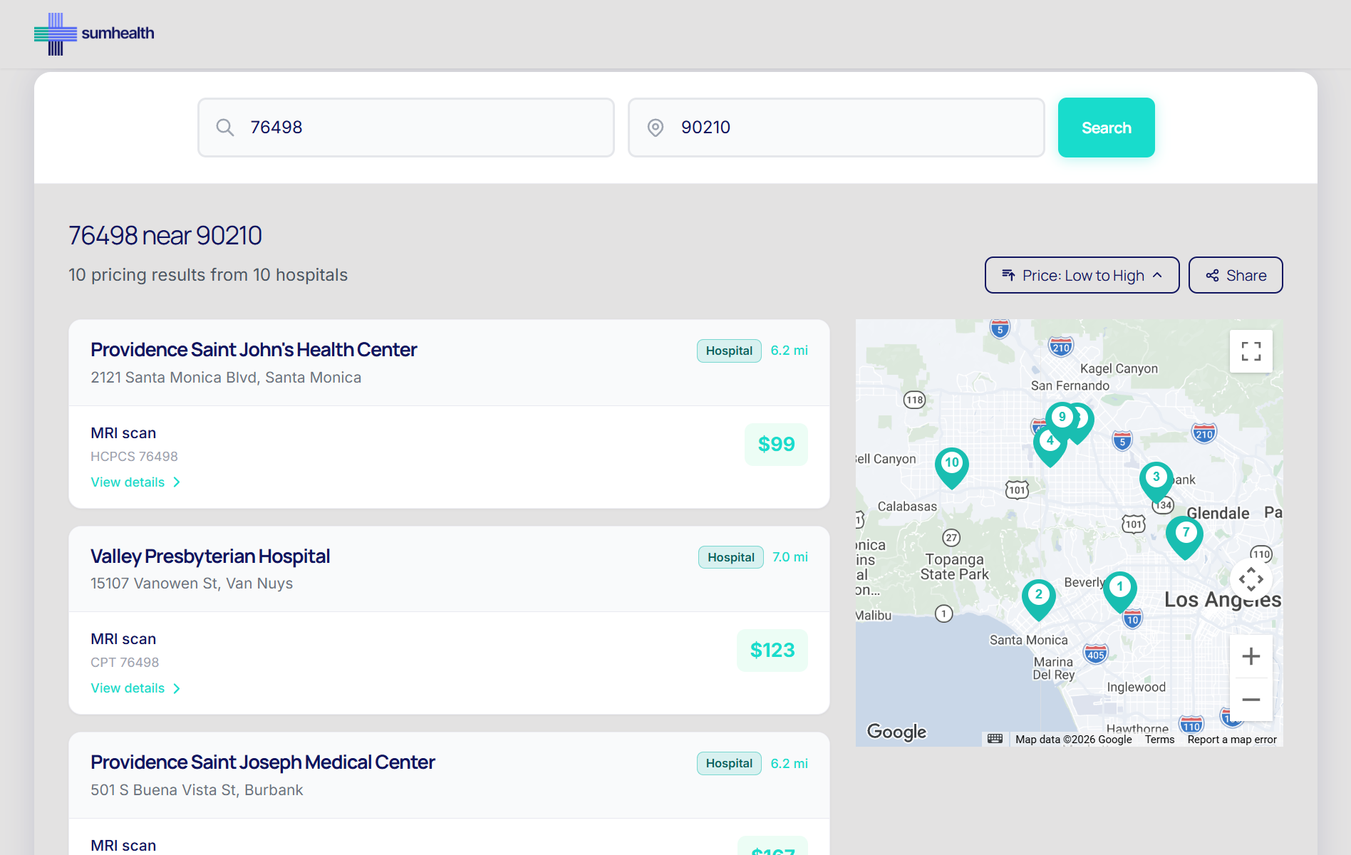 Cash price checker results for HCPCS 76498 near 90210, listing hospital cash prices from $99 alongside a map of Los Angeles facilities